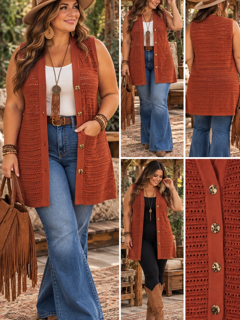 Lane Bryant Rust Open-Knit Sleeveless V-Neck Button Vest